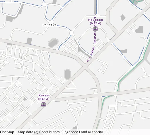 Map of the area around Blk 703 Hougang Ave 2 in Hougang, showing 400 m and 1 km rings and 4 primary schools within 1 km