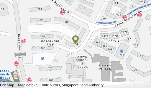 Location map of Blk 704 Bedok Reservoir Rd, a HDB resale block in Bedok, Singapore
