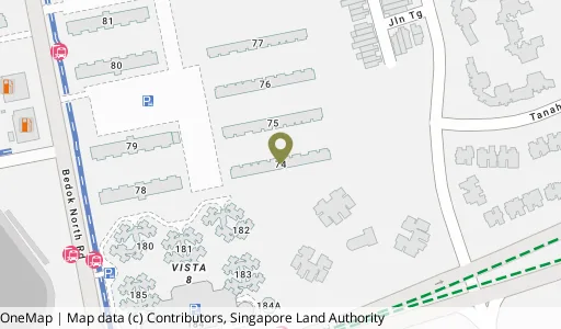 Location map of Blk 74 Bedok Nth Rd, a HDB resale block in Bedok, Singapore