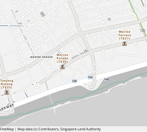 Map of the area around Blk 75 Marine Dr in Marine Parade, showing 400 m and 1 km rings and 3 primary schools within 1 km