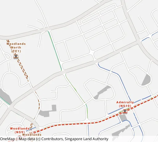 Map of the area around Blk 757 Woodlands Ave 4 in Woodlands, showing 400 m and 1 km rings and 4 primary schools within 1 km