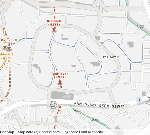 Map of the area around Blk 79E Toa Payoh Ctrl in Toa Payoh, showing 400 m and 1 km rings and 4 primary schools within 1 km