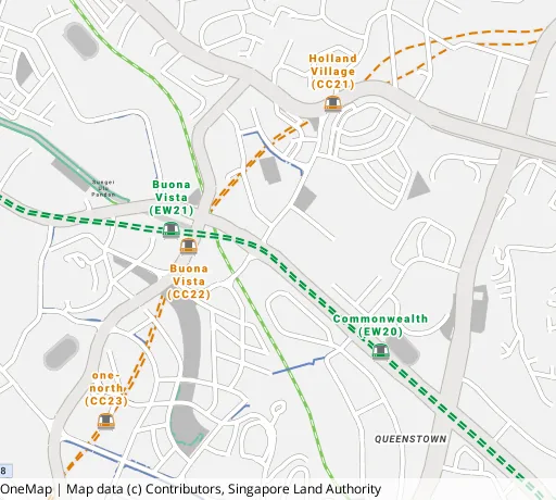 Map of the area around Blk 8 Holland Ave in Queenstown, showing 400 m and 1 km rings and 6 hawker centres within 1 km