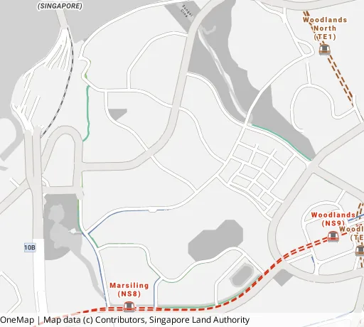 Map of the area around Blk 8 Marsiling Dr in Woodlands, showing 400 m and 1 km rings and 1 primary school within 1 km