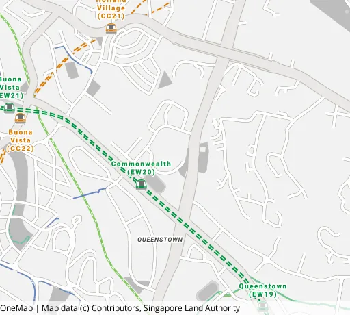 Map of the area around Blk 82 C'wealth Cl in Queenstown, showing 400 m and 1 km rings and 1 primary school within 1 km
