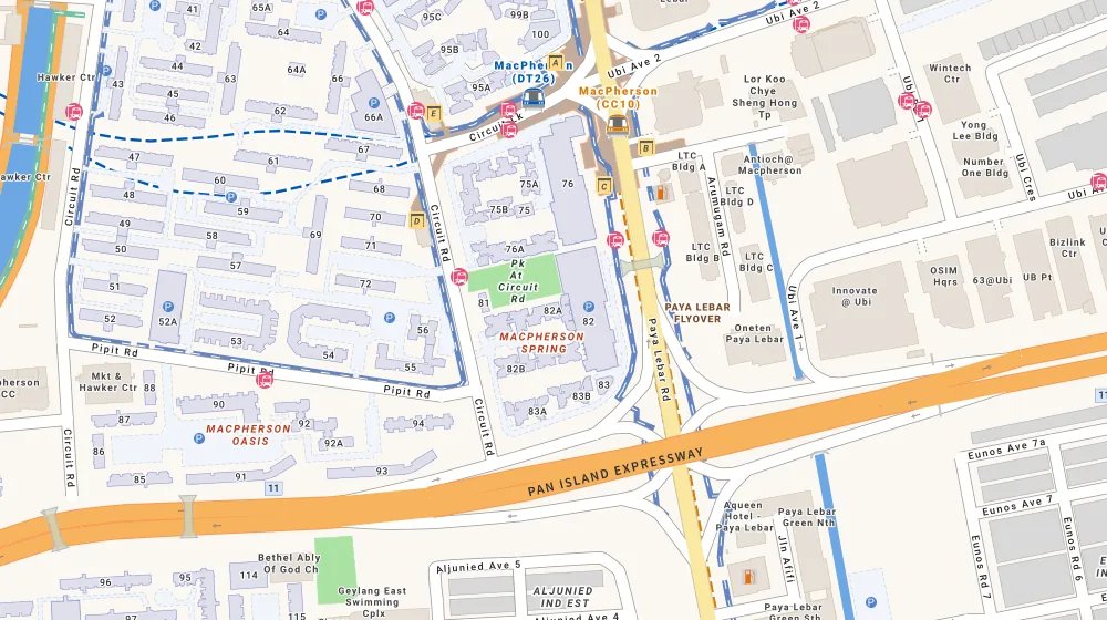 Location map of Blk 82A Circuit Rd, an HDB resale block in Geylang, Singapore, with the nearest blocks numbered