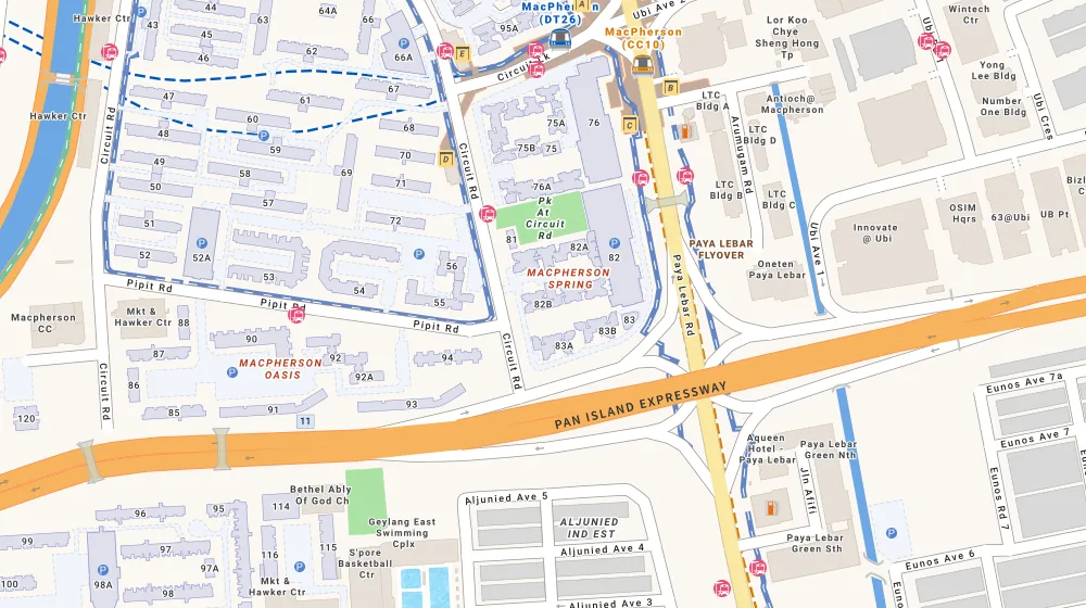 Location map of Blk 82B Circuit Rd, an HDB resale block in Geylang, Singapore, with the nearest blocks numbered
