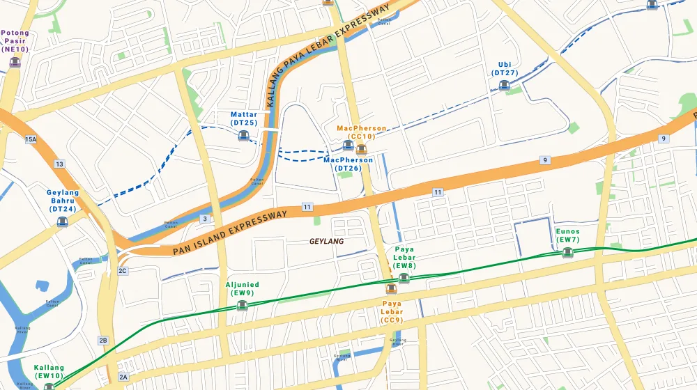 Map of the area around Blk 83A Circuit Rd in Geylang, showing 400 m and 1 km rings and 2 primary schools within 1 km