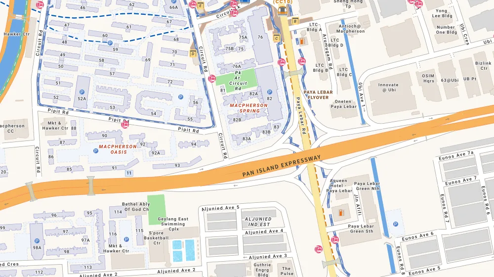 Location map of Blk 83A Circuit Rd, an HDB resale block in Geylang, Singapore, with the nearest blocks numbered