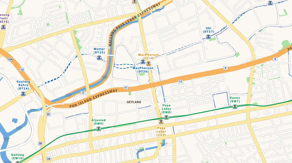 Map of the area around Blk 83B Circuit Rd in Geylang, showing 400 m and 1 km rings and 2 primary schools within 1 km
