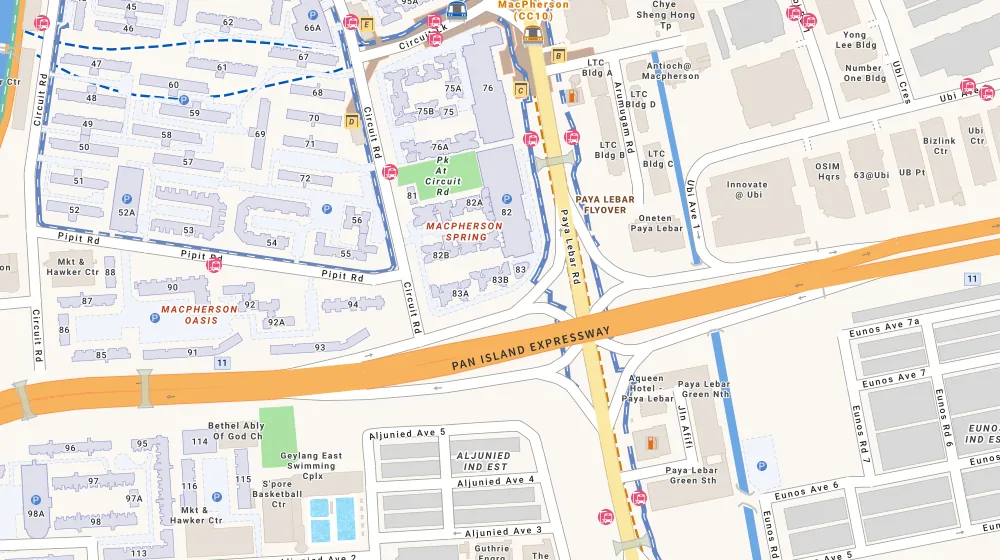 Location map of Blk 83B Circuit Rd, an HDB resale block in Geylang, Singapore, with the nearest blocks numbered