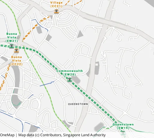 Map of the area around Blk 85 C'wealth Cl in Queenstown, showing 400 m and 1 km rings and 1 primary school within 1 km