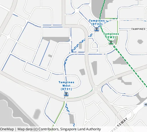 Map of the area around Blk 911 Tampines St 91 in Tampines, showing 400 m and 1 km rings and 4 primary schools within 1 km