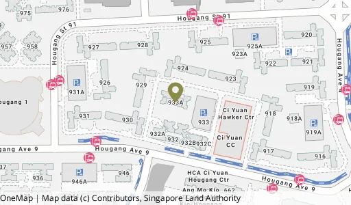 Location map of Blk 933A Hougang Ave 9, a HDB resale block in Hougang, Singapore