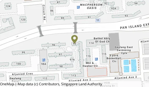 Location map of Blk 95 Aljunied Cres, a HDB resale block in Geylang, Singapore
