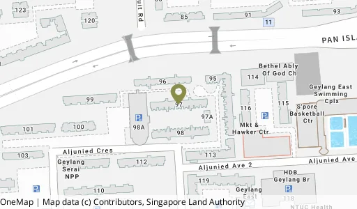 Location map of Blk 97 Aljunied Cres, a HDB resale block in Geylang, Singapore