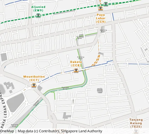 Map of the area around Blk 97 Jln Dua in Geylang, showing 400 m and 1 km rings and 1 primary school within 1 km