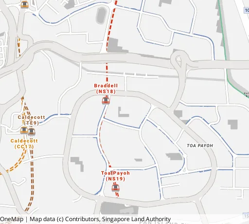 Map of the area around Blk 98 Lor 1 Toa Payoh in Toa Payoh, showing 400 m and 1 km rings and 4 primary schools within 1 km