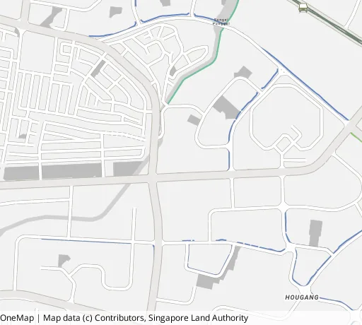 Map of the area around Blk 987A Buangkok Green in Hougang, showing 400 m and 1 km rings and 3 primary schools within 1 km