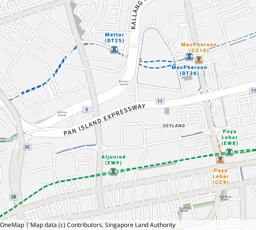 Map of the area around Blk 99 Aljunied Cres in Geylang, showing 400 m and 1 km rings and 2 primary schools within 1 km