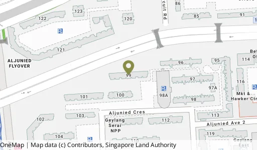 Location map of Blk 99 Aljunied Cres, a HDB resale block in Geylang, Singapore