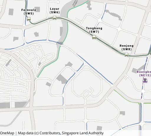 Map of the area around Blk 993A Buangkok Link in Hougang, showing 400 m and 1 km rings and 4 primary schools within 1 km
