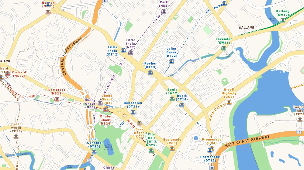 Map of the area around Burlington Square in Bugis, showing 400 m and 1 km rings and 1 primary school within 1 km