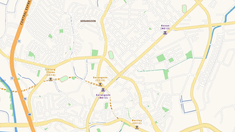 Map of the area around Casa Cambio in Serangoon, showing 400 m and 1 km rings and 1 primary school within 1 km