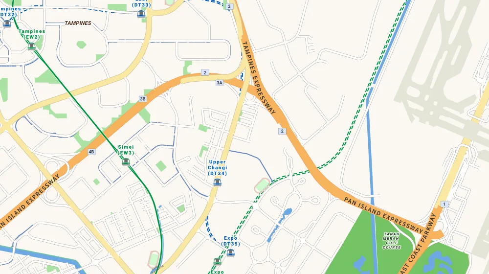Map of the area around Cascadale in Bedok, showing 400 m and 1 km rings and 1 primary school within 1 km
