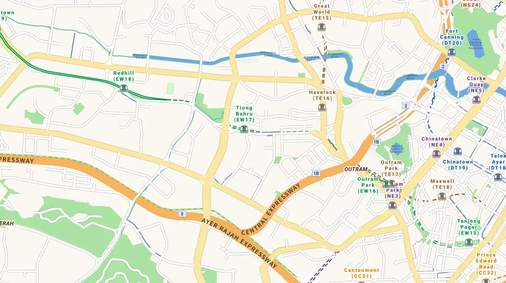 Map of the area around Central Green Condominium in Tiong Bahru, showing 400 m and 1 km rings and 2 primary schools within 1 km