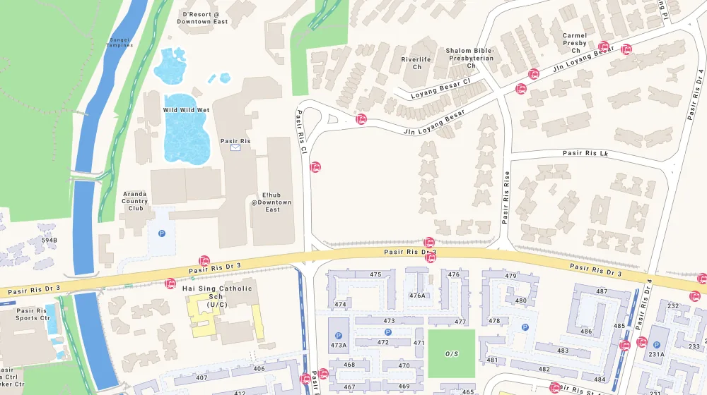 Location map of Coastal Cabana, an executive condominium in Changi, Singapore, with the nearest condos numbered