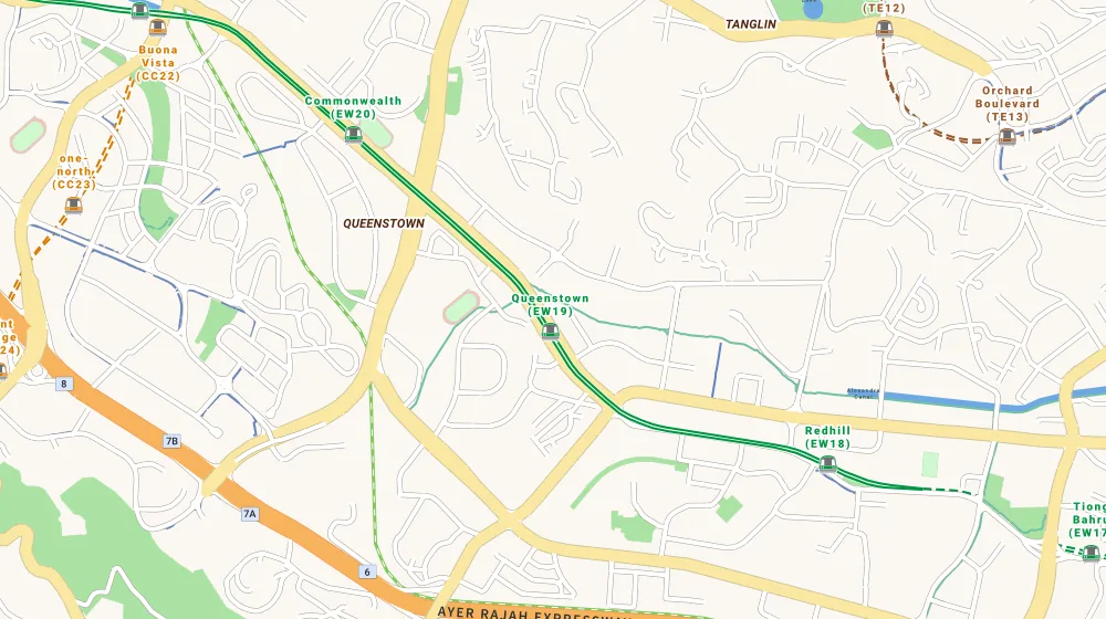 Map of the area around Commonwealth Towers in Tiong Bahru, showing 400 m and 1 km rings and 2 primary schools within 1 km