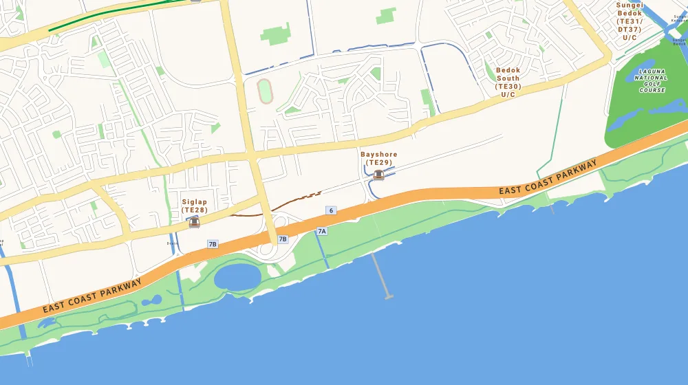 Map of the area around Costa Del Sol in Bedok, showing 400 m and 1 km rings and 1 primary school within 1 km