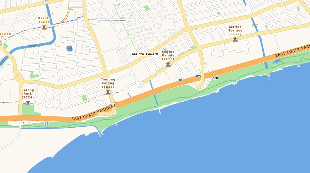Map of the area around Cote D'Azur in East Coast, showing 400 m and 1 km rings and 1 primary school within 1 km