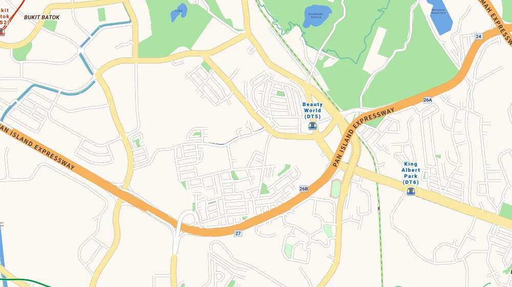 Map of the area around Daintree Residence in Upper Bukit Timah, showing 400 m and 1 km rings and 2 primary schools within 1 km