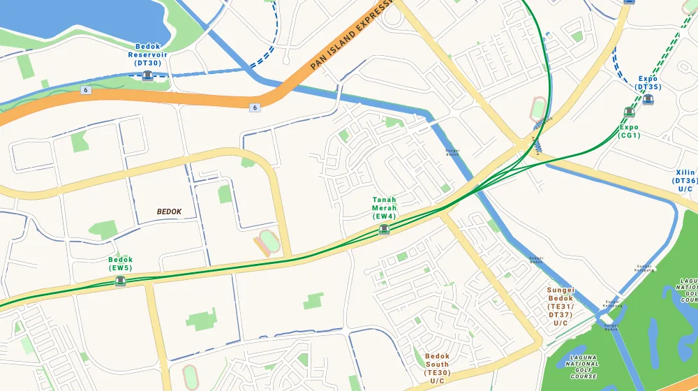 Map of the area around East Meadows in Bedok, showing 400 m and 1 km rings and 2 primary schools within 1 km