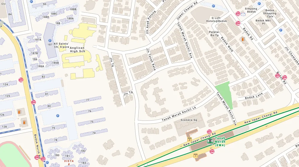 Location map of East Meadows, a condominium in Bedok, Singapore, with the nearest condos numbered