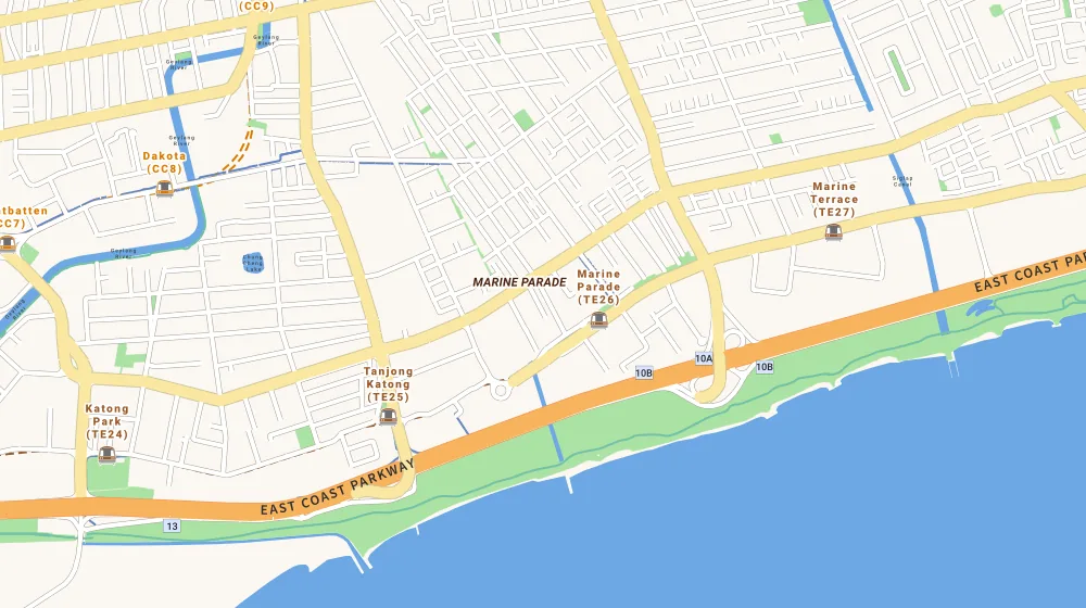 Map of the area around East View in East Coast, showing 400 m and 1 km rings and 4 primary schools within 1 km