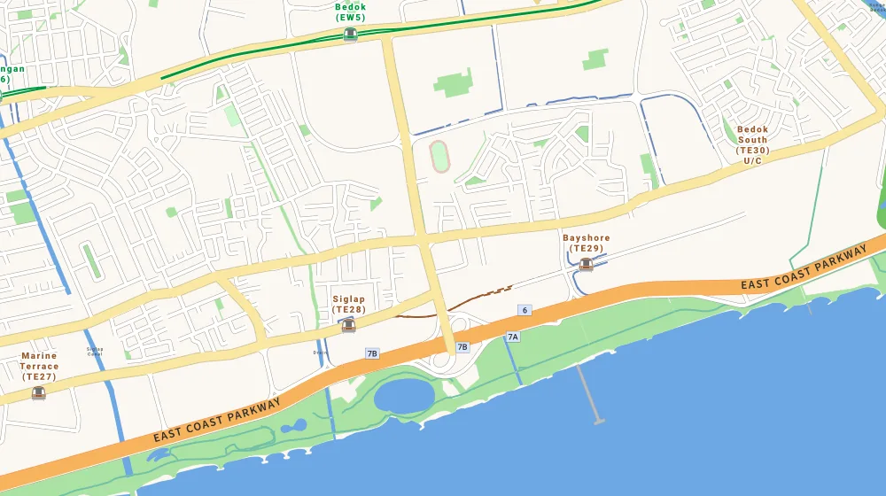 Map of the area around Eastern Lagoon in East Coast, showing 400 m and 1 km rings and 2 hawker centres within 1 km