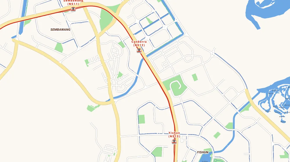 Map of the area around Eight Courtyards in Yishun, showing 400 m and 1 km rings and 4 primary schools within 1 km