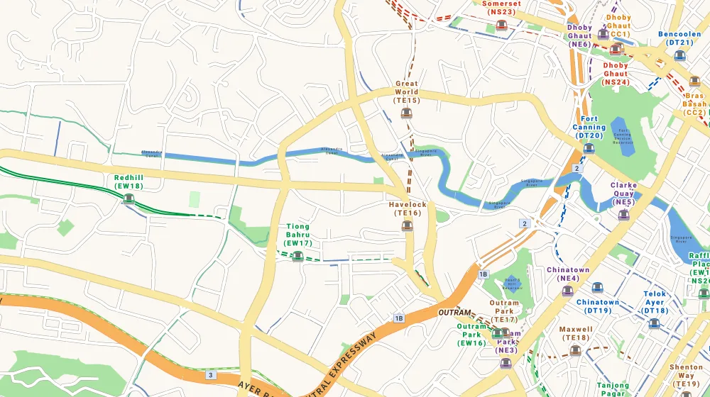 Map of the area around Emerald Park in Tiong Bahru, showing 400 m and 1 km rings and 3 primary schools within 1 km