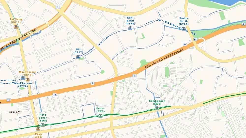 Map of the area around Euhabitat in Eunos, showing 400 m and 1 km rings and 2 primary schools within 1 km