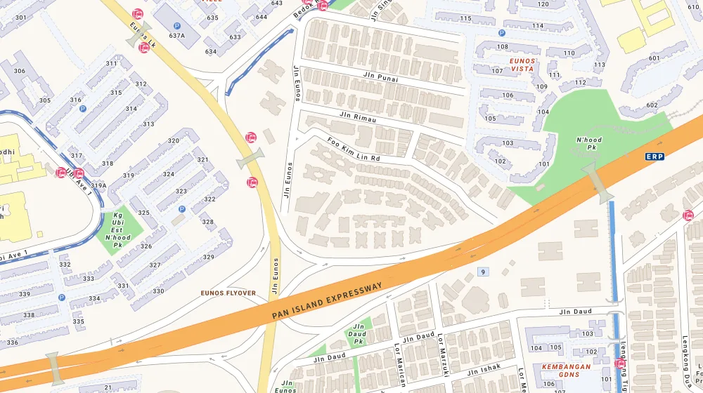 Location map of Euhabitat, a condominium in Eunos, Singapore, with the nearest condos numbered
