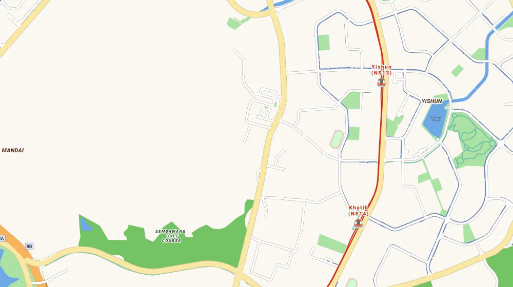 Map of the area around Euphony Gardens in Yishun, showing 400 m and 1 km rings and 1 primary school within 1 km