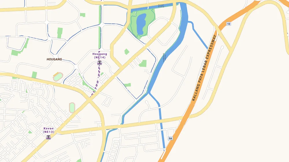 Map of the area around Evergreen Park in Serangoon, showing 400 m and 1 km rings and 2 primary schools within 1 km