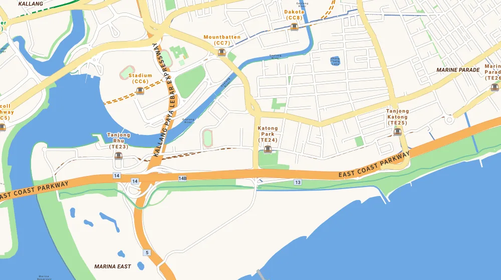Map of the area around Fulcrum in East Coast, showing 400 m and 1 km rings and 2 hawker centres within 1 km