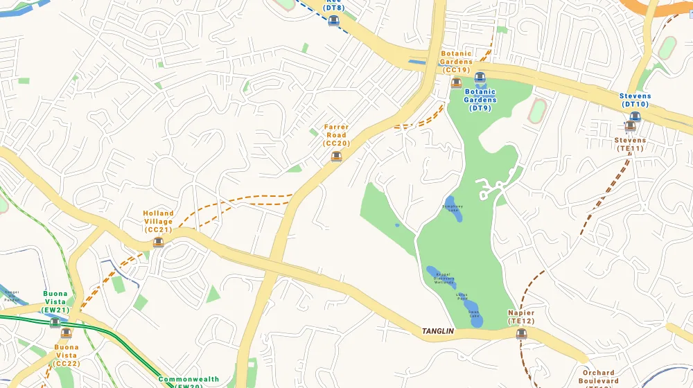 Map of the area around Gallop Green in Bukit Timah, showing 400 m and 1 km rings and 1 primary school within 1 km