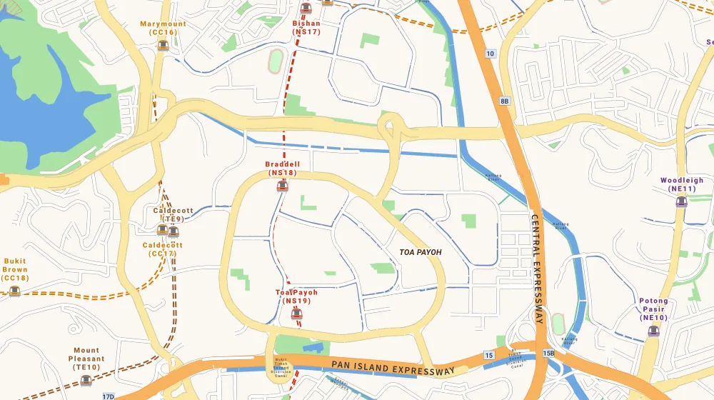 Map of the area around Gem Residences in Toa Payoh, showing 400 m and 1 km rings and 3 primary schools within 1 km