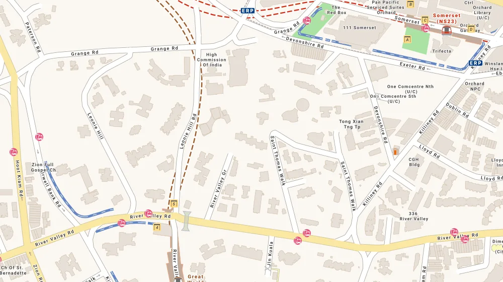 Location map of Grange Heights, an apartment in Orchard, Singapore, with the nearest condos numbered
