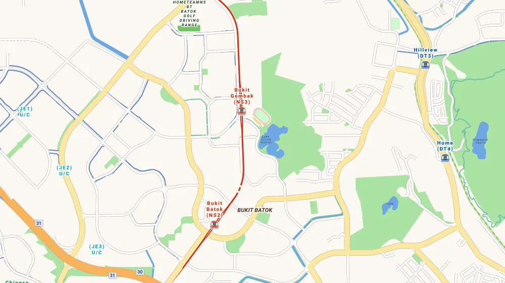 Map of the area around Guilin View in Bukit Batok, showing 400 m and 1 km rings and 3 primary schools within 1 km